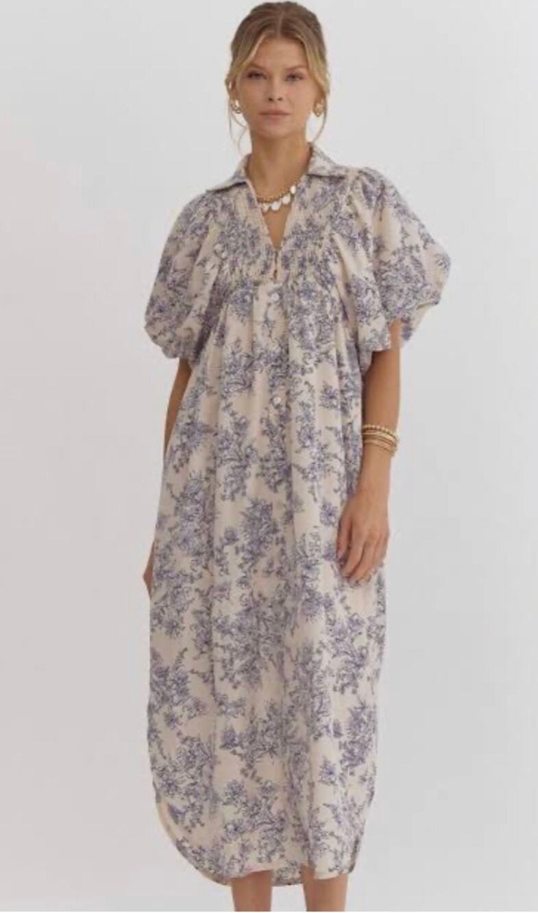 Entro Blue Toille Floral Puff Sleeve Midi Shirt Dress Size S Collar Button Down